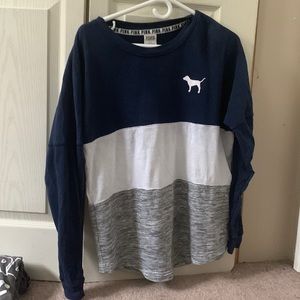 pink brand blue white and gray stripped sweater